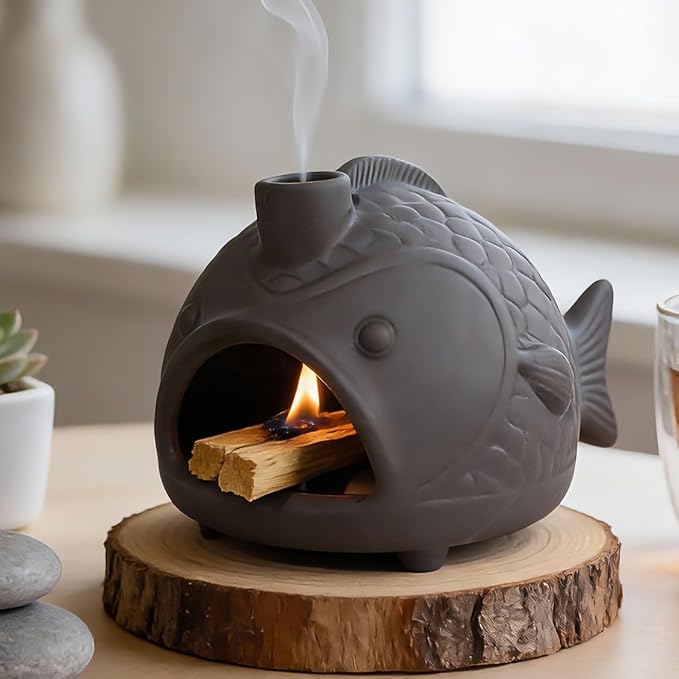 Black Fish-Shaped Palo Santo Holder, Decorative Sage Burner with Chimney - skull incense burner