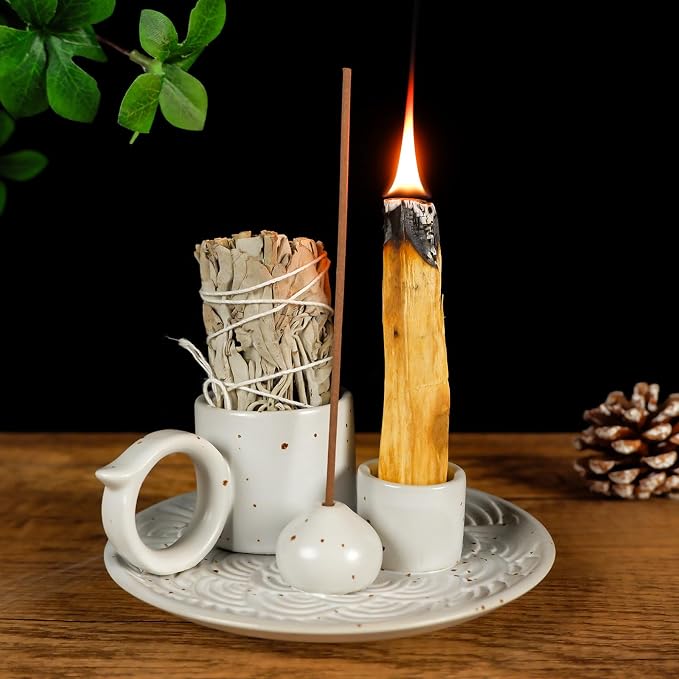 5 in 1 Ceramic Palo Santo Burner Holder for Sage, Incense Sticks & Candle - skull incense burner