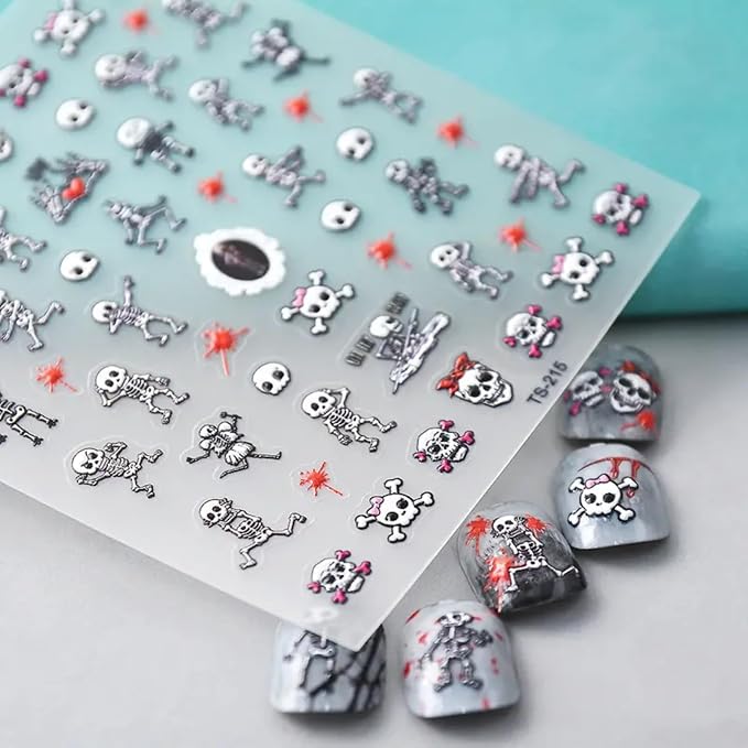 Halloween Skull Nail Art Stickers Decals 5D Embossed Skeleton Nail Decals Self-Adhesive Bloody Skull Heart Nail Art Supplies Horror Hand Bones Halloween Nail Stickers for Women Manicure Decoration - skull sticker