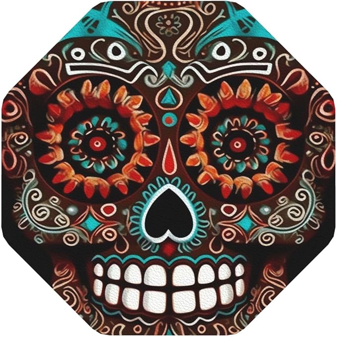 Leather Coasters Set of 4, Sugar Skulls Day of The Dead Drink Coaster Non-Slip Heat Resistant Cup Mat Pad Bar Coasters for Home Office Decor Housewarming Gift - skull coaster