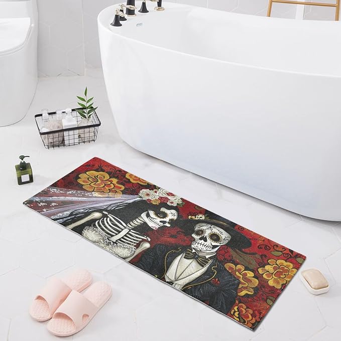 Sugar Skull Day Dead Bathroom Runner Rug, 39”L x 20”W, Absorbent Non-Slip Bath Mat, Fashion Design Machine Wash Plush Mats for Bathroom Kitchen - skull toilet mat