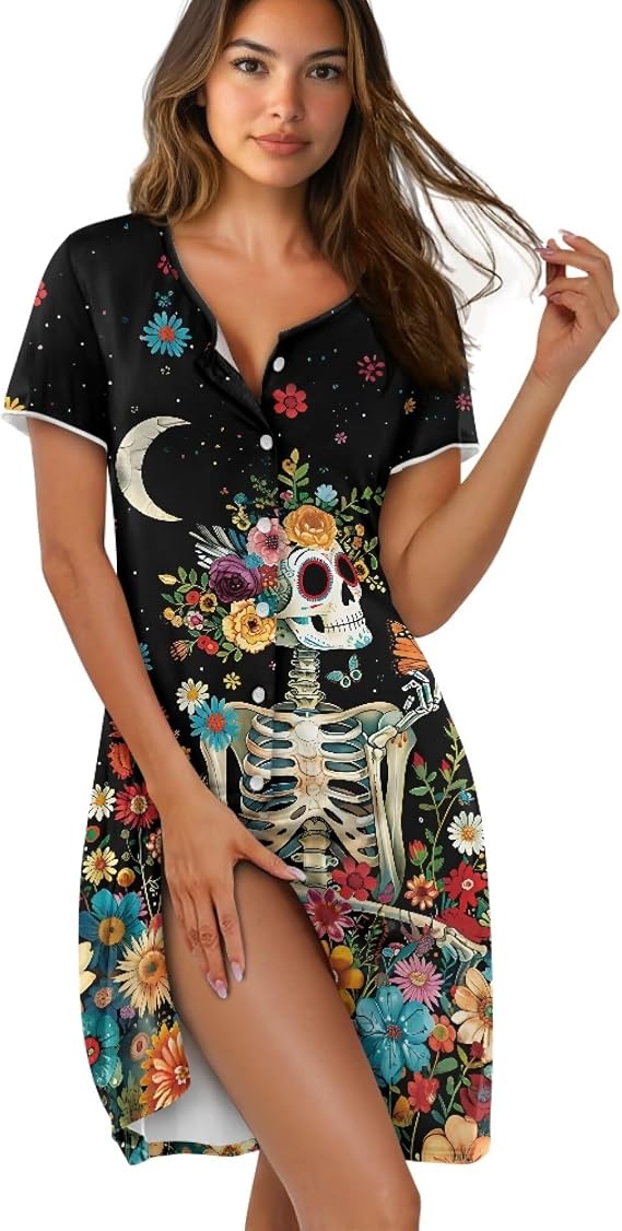Sexy Lounge Sets for Women Button Down Short Sleeves Plus Size Nightgowns for Women - skull tshirt