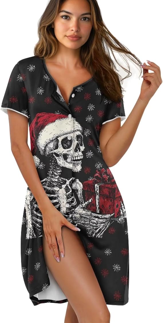 Cute Pajamas for Women Button Down Nightgowns Sleep Shirts Round Neck Plus Size Short Sleeves Elegant - skull pajamas