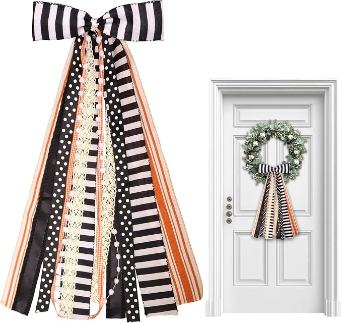 Halloween Black Stripes Wreath Bows for Front Door, Orange Lace Ribbon Bowknot Holiday Bows Accessories for Wreath Thanksgiving Decorations - skull wreath