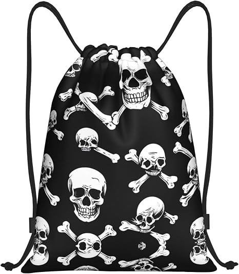 Black And White Skull Drawstring Backpack – Durable & Lightweight Drawstring Bag For Gym, Swim, And Outdoor Activities – Adjustable Drawstrings, Water-Resistant, Multi-Use - string light