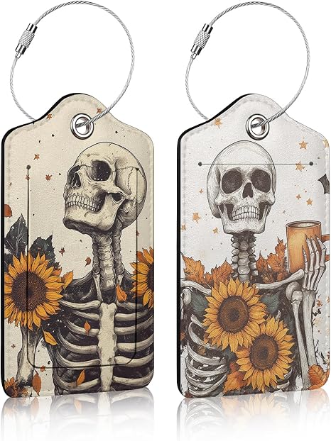 Halloween Skeleton Luggage Tag for Suitcases 2 pcs, Sunflower Skull PU Leather Luggage Tag with Privacy Cover ID Label for Women Men Travel - skull suitcase