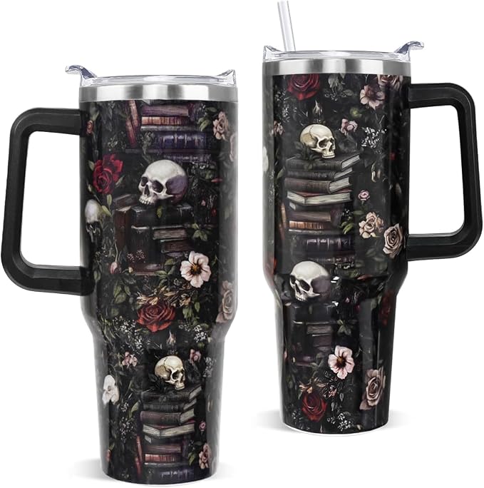 Books Gifts 40oz Halloween Goth Skull Rose Tumbler Retro Bookworm Coffee Travel Mugs Insulated Cup with Handle and Straw Gifts for Women Readers,Reading,Bookish,Librarian,Book Lovers - skull bottle