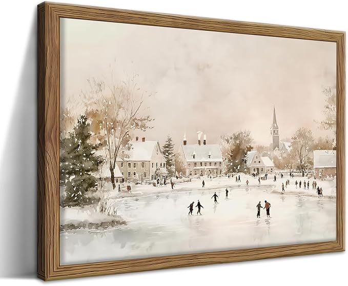 Vintage Winter Wall Art, Christmas Village Landscape Canvas Wall Decor Painting, White Christmas Rustic Town Artwork Prints Pictures for Living Room Bedroom Holiday Decoration Wood Framed 8x10 Inch - skull painting