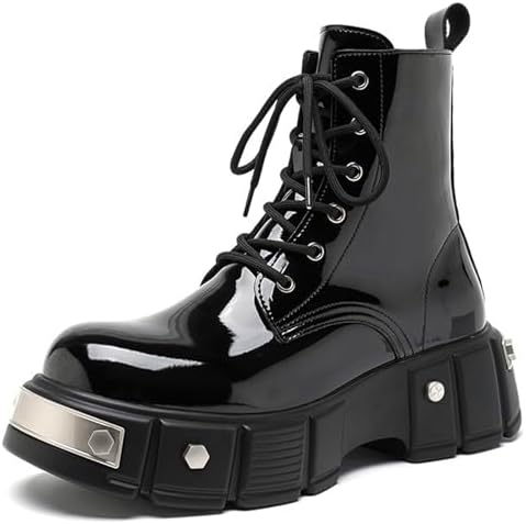 Men's Lace Up Platform Motorcycle Boots Patent Leather Ankle Boots with Side Zipper Comfort Metal Round Toe Punk Outdoor Combat Boots - sugar skull costume