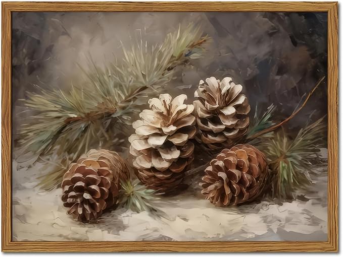 Framed Vintage Christmas Canvas Wall Art, Pine Cones Wall Decor Paintings, Winter Holiday Aesthetic Pictures Prints Rustic Home Decor for Living Room Bedroom Farmhouse 16×24 inch - skull wall art