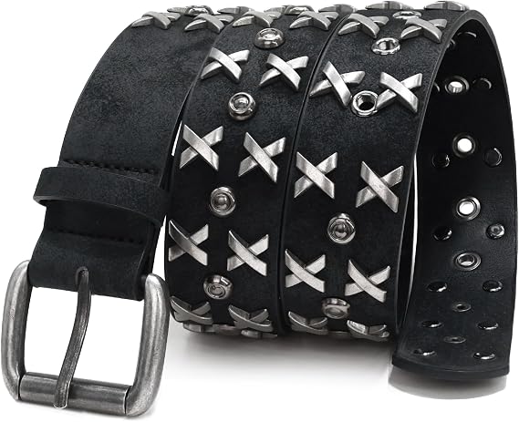 Men Studded Belt, Y2k Punk Rock Cool Belts with Letter X Rivet - skull wallet