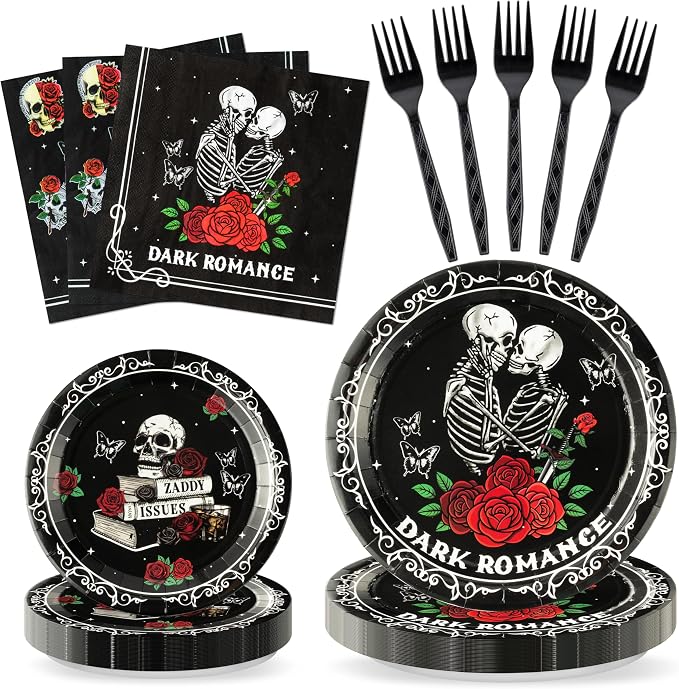 96Pcs Dark Romance Book Lover Skull Rose Black Gothic Party Plates Supplies Tableware Decorations Disposable Paper Plates Napkins Forks for Birthday, Serves 24