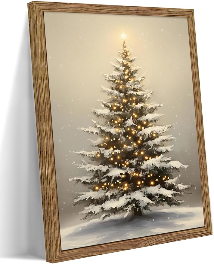 Vintage Christmas Pictures Wall Decor, Framed Christmas Tree Wall Art, Rustic Winter Holiday Pine Tree Print, Snowscape Botanical Canvas Artwork for Living Room Bedroom – 12x16in - skull wall art
