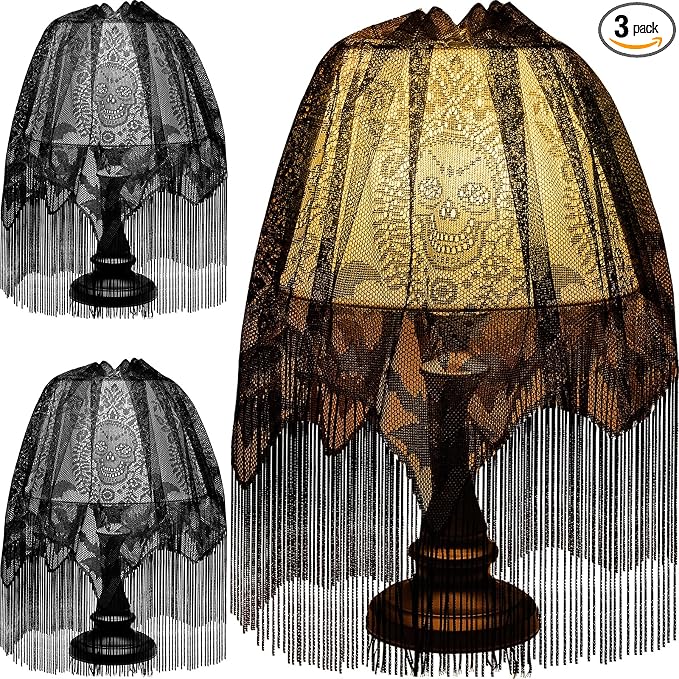 3 Pcs Halloween Lamp Shade Cover, Black Lace Bat Skull Gothic Decor - skull lamp