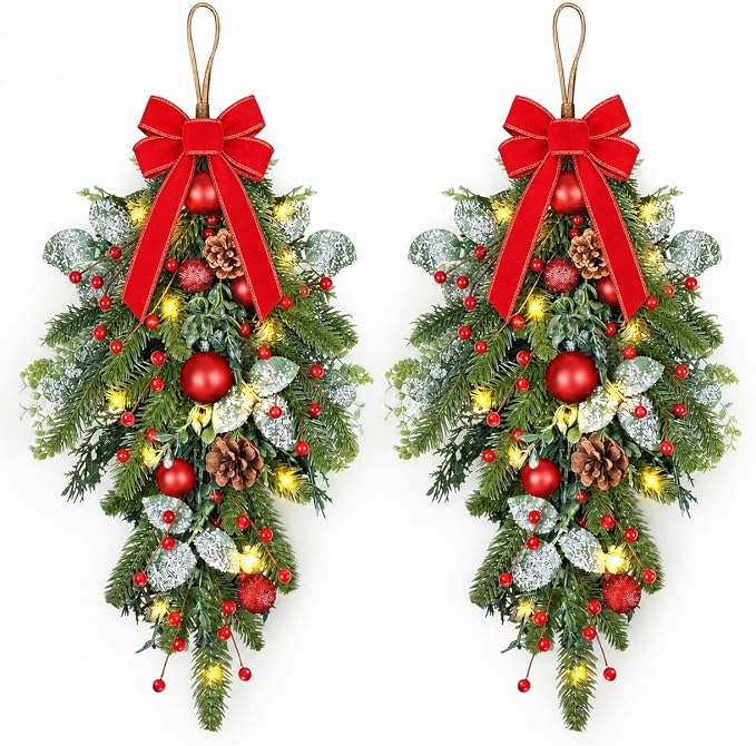 2 PCS 24" Artificial Christmas Teardrop Swag Norfolk Pine Teardrop Door Swag Xmas Cedar Swags Wreath with Berry Pinecone for Front Door Winter Cabinet Mantle Fireplace Wall Indoor Outdoor Home Decor - skull wreath