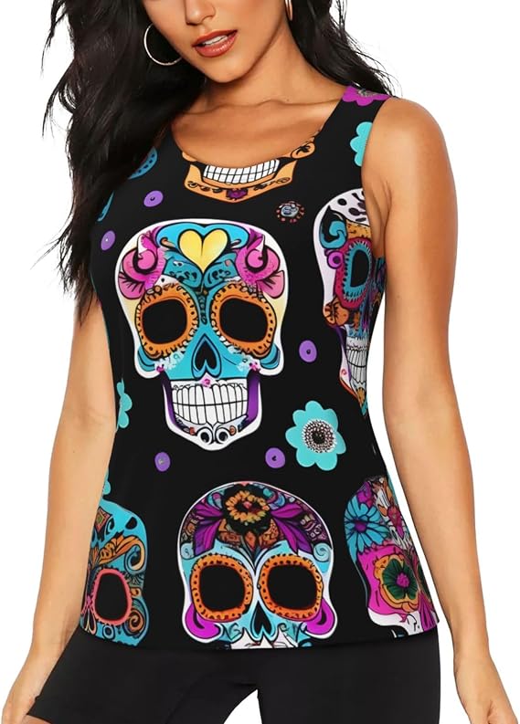 Sugar Skull Print Women's Workout Tank Top, Sleeveless Athletic Running Yoga Shirts, Quick Dry Loose Fit Tops - skull tank tops