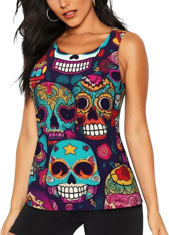 Sugar Skulls Print Women's Workout Tank Top, Sleeveless Athletic Running Yoga Shirts, Quick Dry Loose Fit Tops - skull tank tops