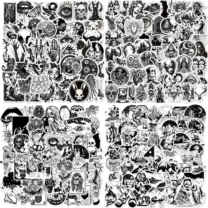 200 Pcs Black and White Gothic Stickers for Adults, Horror Stickers Pack - skull sticker