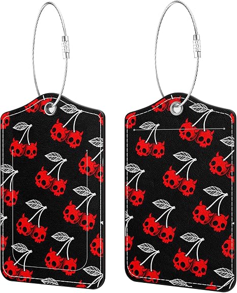 2 Pack PU Leather Luggage Tags for Suitcases, Red Skull - skull suitcase