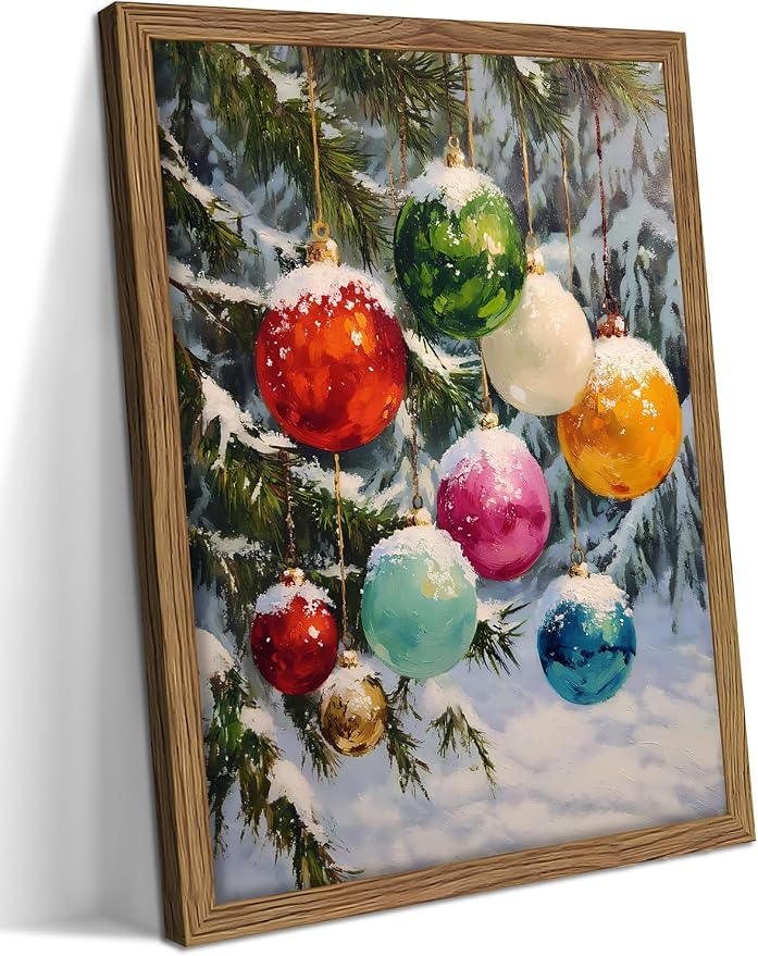 Vintage Framed Christmas Wall Art, Christmas Balls on the Christmas Tree Picture Decorations, Winter Holiday Wall Decor, Christmas Balls Canvas Prints for Bedroom, Christmas Gifts – 12x16in - skull wall art