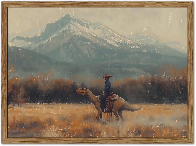 Vintage Dinosaur Cowboy Wall Art, Funny Western Jurassic Wall Decor Painting Spooky Cowboy Riding Dinosaur Poster Canvas Prints for Bedroom Farmhouse Living Room 12x16 inch Wood Framed - skull wall art