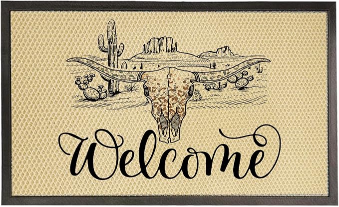 Nogrit Western Bull Skull Welcome High Elasticity Doormat with Bound Edge, Rustic Southwestern Cow Skull Desert Heavy Duty Non Slip Front Door Mat for Outdoor Patio Outside Entrance - skull door mat