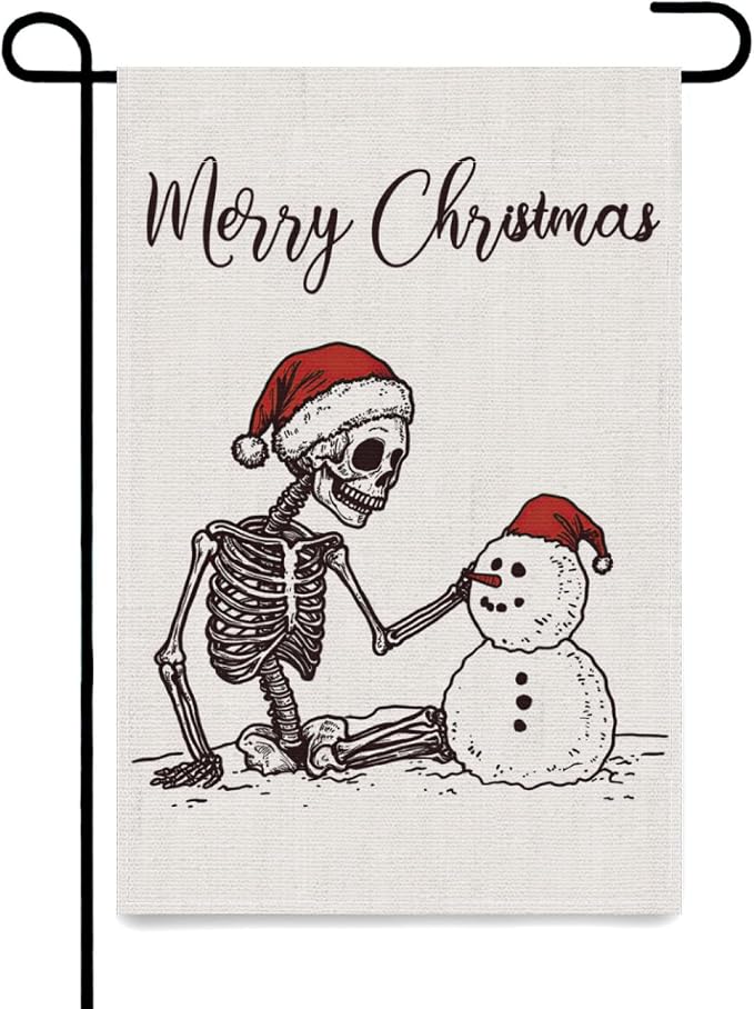 Christmas Skeleton Skull and Snowman Garden Flag 12x18 Inch For Outdoor - skeleton