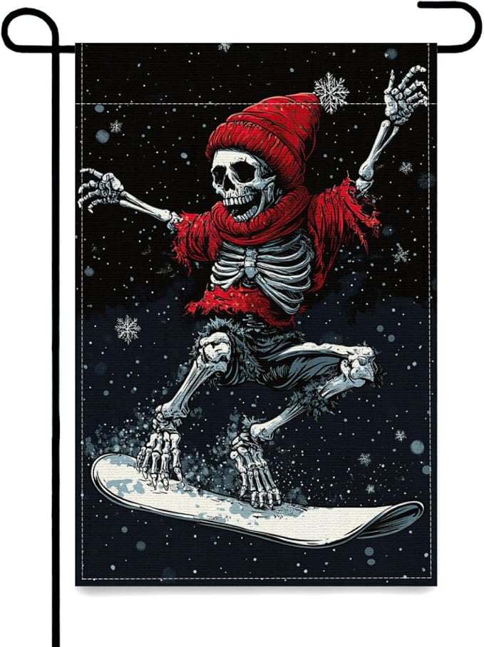 Christmas Skiing Skeleton Skull Garden Flag 12x18 Inch For Outdoor Decor - skeleton