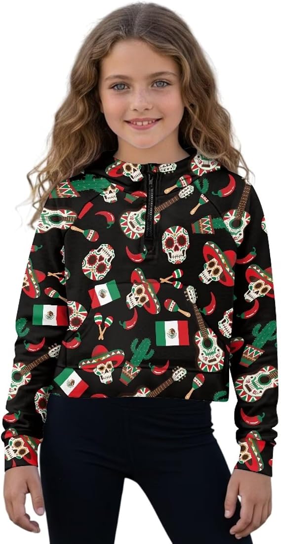Girls Hoodies Cute Kids Quarter Zip Hooded Sweatshirts with Pocket Athletic Cropped Pullover Tops - skull hoodie