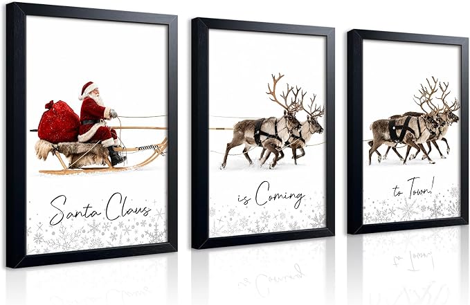 Framed Christmas Wall Art Set of 3, Winter Christmas Wall Decor, Santa Claus With Sleigh Deer Canvas Prints, Country Holiday Decor Painting Artwork Poster Picture for Living Room Bedroom 12x16 Inch - skull wall art