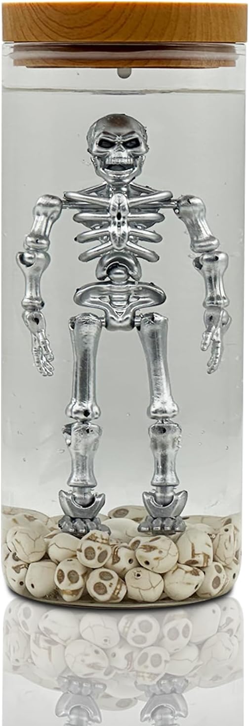 Skeleton Water Lamp – Spooky Horror Skeleton in Jar with Skulls, Creepy Halloween Decoration, Scary Horror Decor for Home, Party, or Collector Gift (Silver) - skull lamp