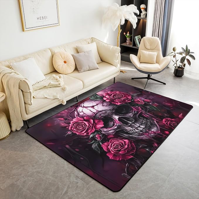 Erosebridal Pink Halloween Area Rug 5x7 Sugar Skull Rose Flowers Rug for Bedroom Living Room Spooky Skeleton Gothic Carpet Decor Pink Romantic Rose Floral Indoor Floor Mat Non Slip - skull carpet