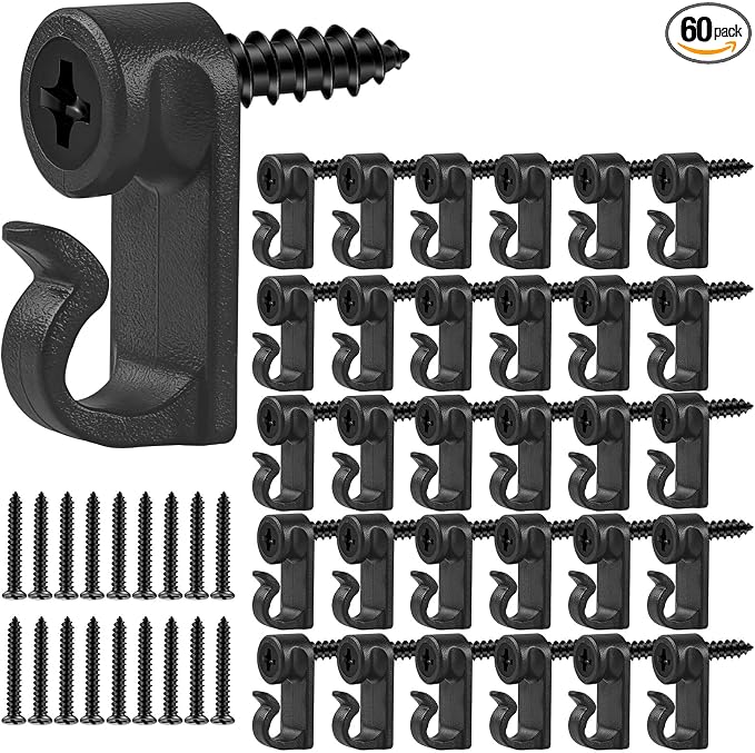 60 Pack String Lights Hooks for Outdoor, Christmas Light Clips Weatherproof Light Hanger Hooks Screw-in Hooks for Hanging Christmas Lights and Wire,Cable,Fairy Lights,Wind Chimes (Black) - string light