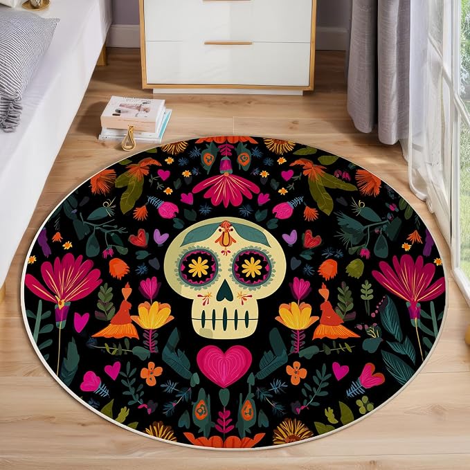 3Ft Round Washable Area Rug Black Mexican Sugar Skull Non Slip Circle Carpet for Living Room Bedroom Soft Low Pile Indoor Mat Cute Floral Throw Rug for Office Nursery Entry - skull carpet