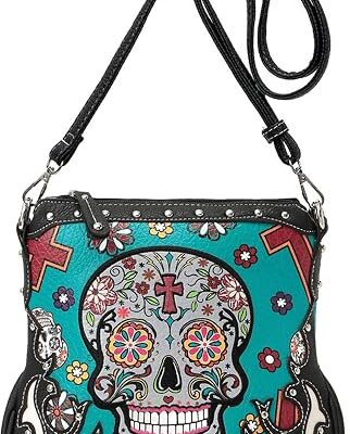 Gothic Sugar Skull Crossbody Purse for Women Rhinestone Studs Shoulder Bag