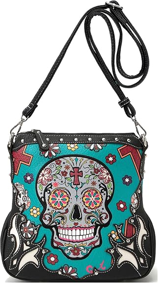 Gothic Sugar Skull Crossbody Purse for Women Rhinestone Studs Shoulder Bag - sugar skull handbags for sale