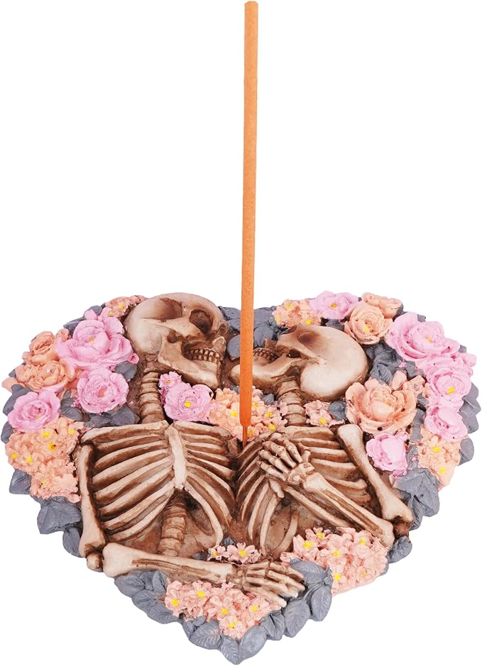 Skeletons with Flowers Incense Burner – 5 x 5 x 0.5 Inch Hand-Painted Cold Cast Resin | Gothic Skull & Floral Design Decorative Holder for Incense Sticks & Cones | Unique Home & Altar Décor - skull incense burner