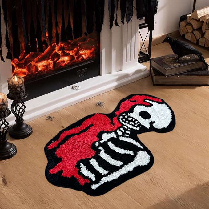 Halloween Bathroom Rug – Spooky Skull Door Mat Gothic Room Decor, Super Soft Fluffy Cloud-Like Cool Rugs for Bedroom, Bathroom, Kitchen, Porch, Halloween Decor, 32”x 18”