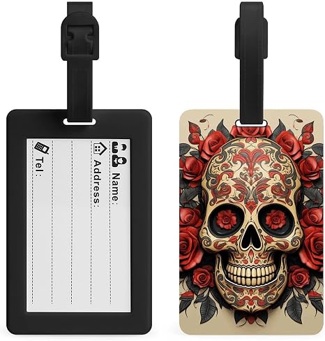 Red Rose Sugar Skull Luggage Tags with Information Card & Detachable Strap - Durable TPU Scratch-Resistant Name ID Identifiers for Suitcases, Travel Bags, Backpacks, and Gym Bags - skull backpack