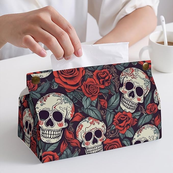 PU Leather Tissue Box Cover Rectangle - Sugar Skulls and Red Roses Waterproof Tissue Holder for Tall Tissues Boxes, Decorative Tissues Box Organizer for Bathroom, Car, Bedroom, Desk Tabletop Decor - skull toilet paper