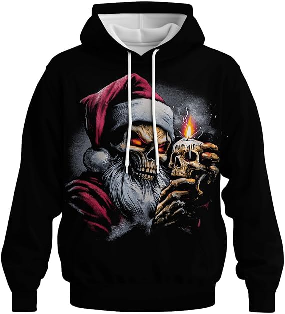 Men's Santa Claus Skull Hoodie Funny Christmas Long Sleeve Hooded Sweatshirt - skull hoodie