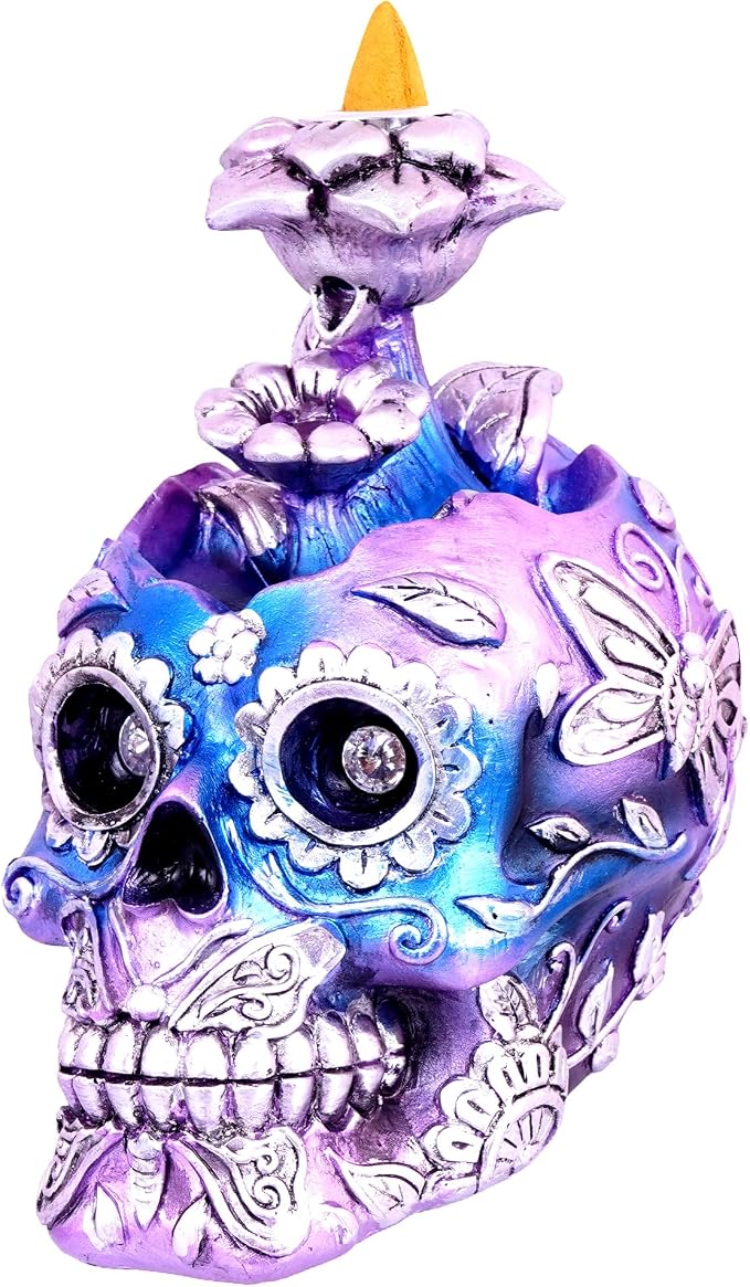 Metallic Skull Backflow Incense Burner | 6 x 6 x 4 Inches | Hand-Painted Cold Cast Resin Gothic Smoke Fountain | Dark Home Décor & Meditation Accessory - skull incense burner