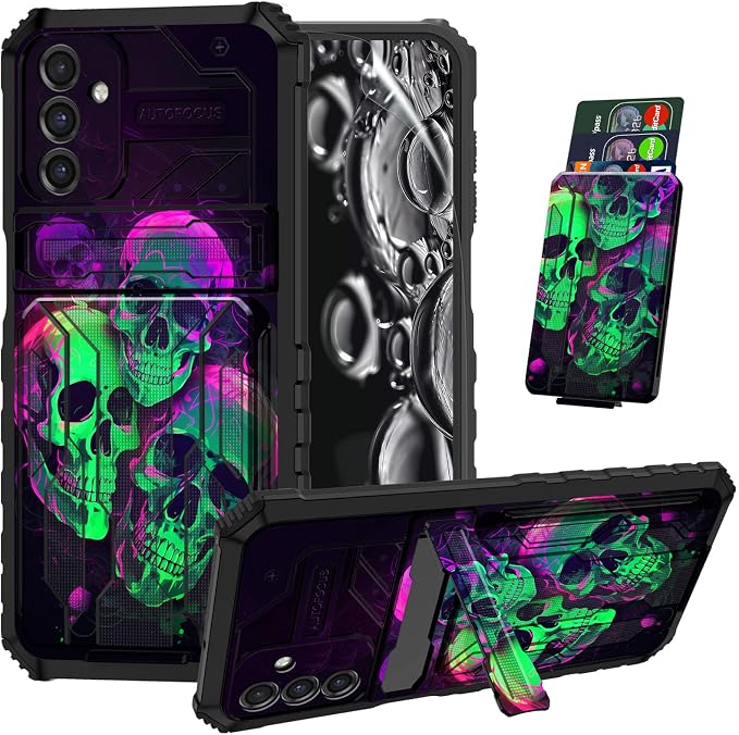for Samsung Galaxy A17 5G Phone Case with Screen Protector & Kickstand & Card Holder Wallet Dual Layer Hybrid Rugged Heavy Duty Shockproof Cute Protective Cover,Green Purple Skull - Skull phone case