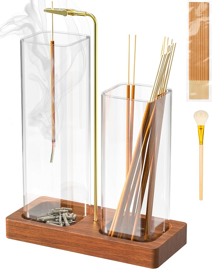2 in 1 Incense Holder with Glass Jars, Large Incense Holder for Sticks, Upside Down Incense Burner with Ash Catcher & Storage for Meditation Yoga Spa Home Decor - 20 Incense Sticks & Brush - skull incense burner