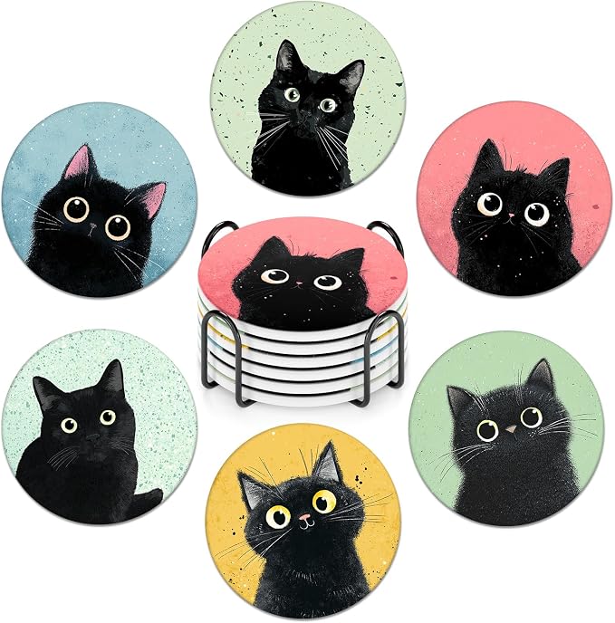 6-Piece Ceramic Coaster Set with Tray Diameter: 3.94 in Thickened Absorbent Material Heat-Resistant and Water-Absorbent Coaster Set Suitable for All Types of Cups， Black Cats - skull coaster