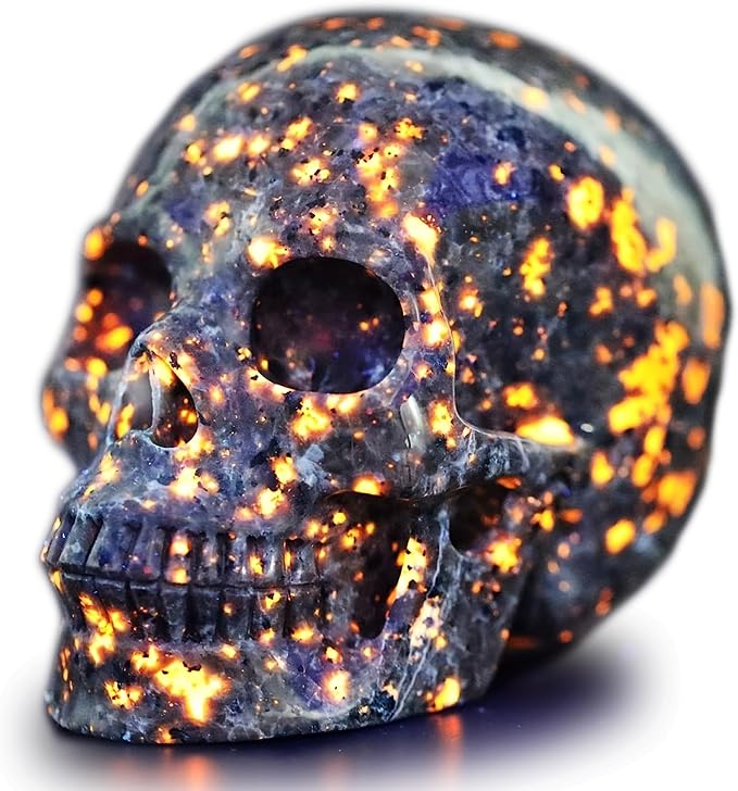 1Pc Natural Yooperlite Stone Carved Skull, 2" (5cm) Yooperlite Stone Skull Sculpture Statues, UV-Reactive Quartz, Halloween Decor, Home Decor and Healing Crystal Gift - skull figurine
