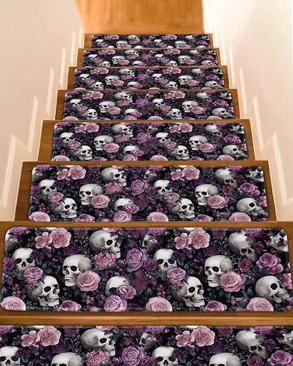 Halloween Skull Stair Treads for Wooden Steps Indoor, 4 Pack Non Slip Carpet Stair Treads for Elders and Dogs with Reusable Adhesive, 8x30 inch Step Mats Vintage Pink Rose Purple Flower - skull carpet