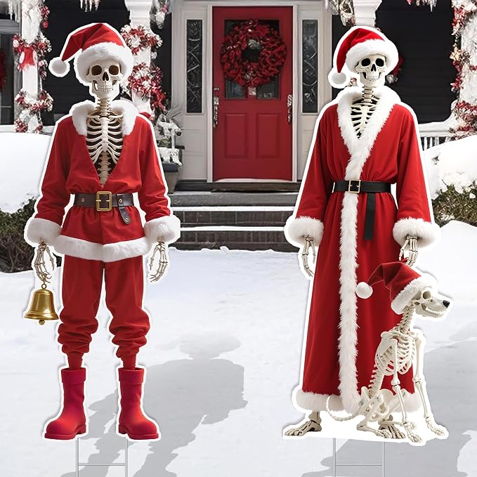 2 Pack Christmas Skeleton Garden Yard Signs-Life Size Christmas Santa Suit Plastic Skeletons for Garden Lawn Indoor Outdoor Props Decor - skeleton