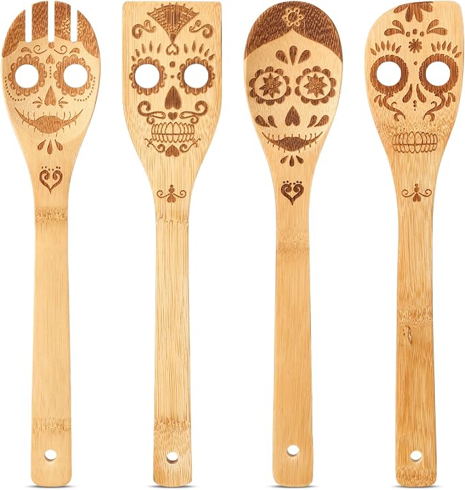 Qinyoung 4 Pcs Skull Engraved Wooden Spoons Kitchen Cooking Utensils Set - skull coaster