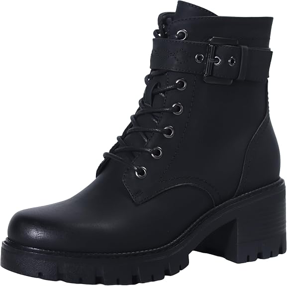 Women's Combat Boots Classic Lace-Up Ankle Booties with Side Zipper & Buckle, Chunky Mid Heel - sugar skull costume